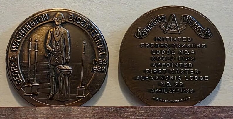 Medalla de Bronce Masónica de George Washington 1932 / Logia Fredericksburg n.° 4 / Objeto de colección histórico del Bicentenario imagen 7