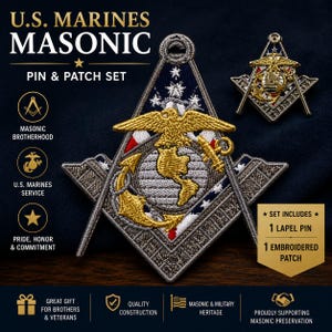 May include: A U.S. Marines Masonic pin and patch set featuring an embroidered diamond-shaped patch with a gold eagle, globe, and anchor emblem, and a matching metal lapel pin. The set includes text labels for Masonic brotherhood and service.