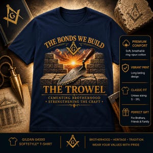 Peut inclure: Un t-shirt bleu marine avec une illustration représentant une truelle de maçon posée sur un mur de briques devant un lever de soleil. Le texte indique THE BONDS WE BUILD THE TROWEL CEMENTING BROTHERHOOD STRENGTHENING THE CRAFT avec un symbole équerre et compas.
