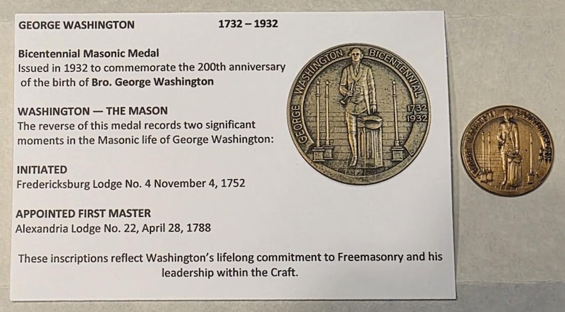 Puede incluir: Una medalla mas&oacute;nica del bicentenario emitida en 1932 para conmemorar el 200 aniversario del nacimiento de George Washington. La medalla presenta una imagen de Washington y el texto "GEORGE WASHINGTON BICENTENNIALS 1732 1932".