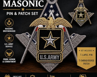 Army Masonic Pin and Patch Set – U.S. Army Freemason Gift – Military Mason Lapel Pin & Embroidered Patch