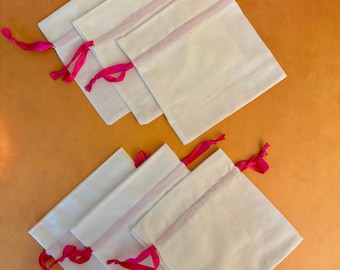 White Linen Gift Bag Small Pouch Pink Ribbon Bridesmaid Wedding Packaging Pack of 6 bags