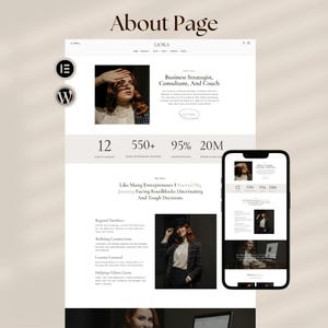 Puede incluir: Un dise&ntilde;o de sitio web titulado "About Page" con el nombre "LIORA" en la parte superior. El dise&ntilde;o incluye una foto de una mujer, texto y un tel&eacute;fono inteligente que muestra el sitio web. El sitio web muestra servicios de consultor&iacute;a empresarial.