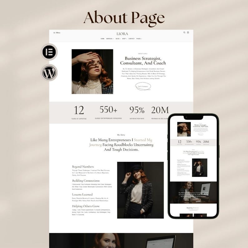 Puede incluir: Un dise&ntilde;o de sitio web titulado "About Page" con el nombre "LIORA" en la parte superior. El dise&ntilde;o incluye una foto de una mujer, texto y un tel&eacute;fono inteligente que muestra el sitio web. El sitio web muestra servicios de consultor&iacute;a empresarial.