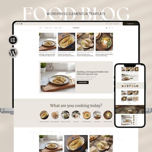 Könnte beinhalten: Ein Laptop und ein Smartphone zeigen eine Vorlage für eine Food-Blog-Website. Die Website zeigt Bilder verschiedener Gerichte mit dem Text "FOOD BLOG" und "WORDPRESS ELEMENTOR TEMPLATE" oben. Der Name der Website ist "CITRUS".