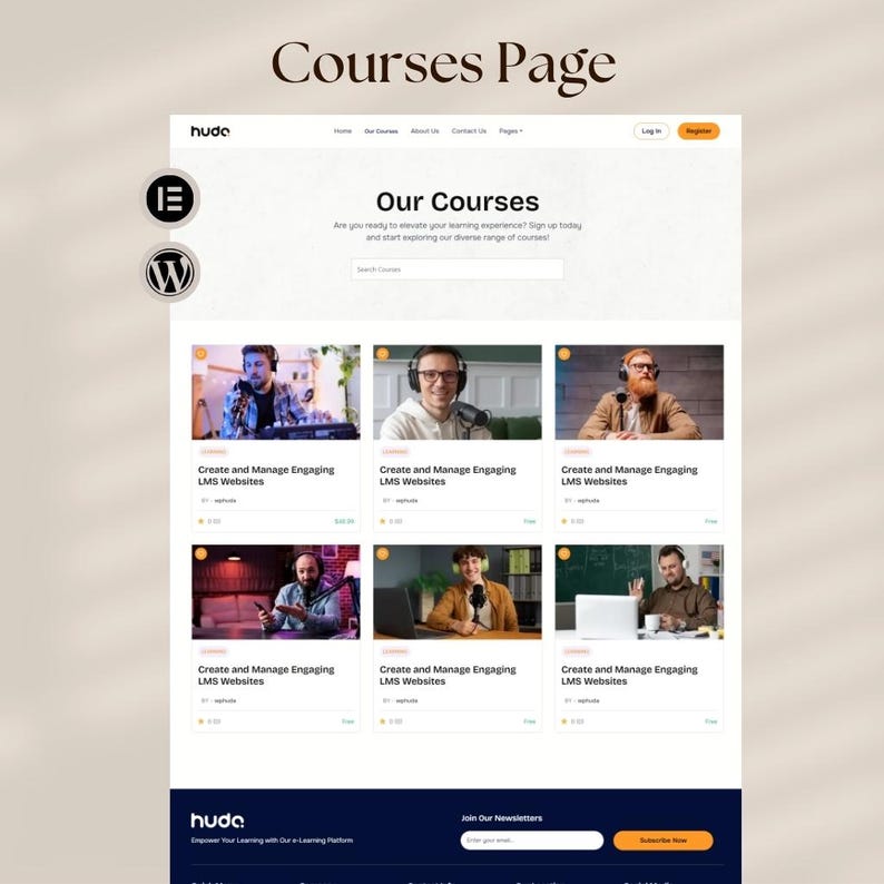 May include: A website screenshot labelled "Courses Page" with the "huda" logo and a section titled "Our Courses." The page displays course listings with images and text, including "Create and Manage Engaging LMS Websites."