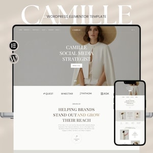Puede incluir: Un portátil y un smartphone muestran una plantilla de sitio web. El sitio web presenta el nombre "CAMILLE" en la parte superior, con el texto "WORDPRESS ELEMENTOR TEMPLATE" debajo. El contenido incluye "SOCIAL MEDIA STRATEGIST" y "BOOK A CALL".