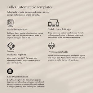May include: A beige graphic with text detailing website design features. The text includes "Fully Customizable Templates," "Huda Theme Builder," "Mobile Friendly Design," "Dedicated Support," "Professional Quality," and "Easy Documentation."