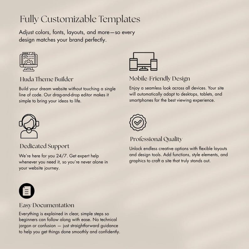 May include: A beige graphic with text detailing website design features. The text includes "Fully Customizable Templates," "Huda Theme Builder," "Mobile Friendly Design," "Dedicated Support," "Professional Quality," and "Easy Documentation."