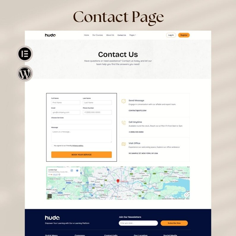 May include: A website contact page featuring the text "Contact Us" and a form for entering details. The page provides options for sending a message, calling, and visiting an office. A map of London is also displayed.