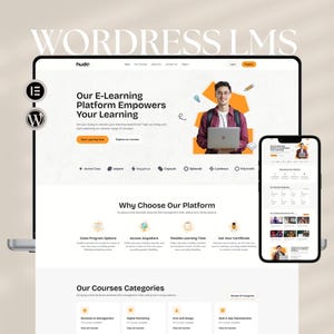 May include: A website design for an e-learning platform, displayed on a laptop and a smartphone. The website features a person holding a laptop, with the text "Our E-Learning Platform Empowers Your Learning". The design includes icons and course categories.