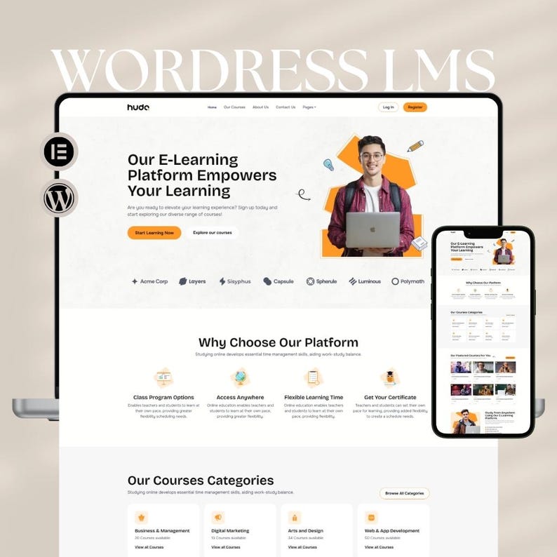 May include: A website design for an e-learning platform, shown on a laptop and a smartphone. The website features a person holding a laptop, with the text "Our E-Learning Platform Empowers Your Learning". The design includes icons and course categories.