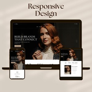 Puede incluir: Una imagen conceptual de marketing digital que muestra una computadora port&aacute;til, un tel&eacute;fono inteligente y una tableta que muestran un dise&ntilde;o de sitio web. El sitio web presenta a una mujer y el texto "BUILD BRANDS THAT CONNECT" y "Responsive Design".