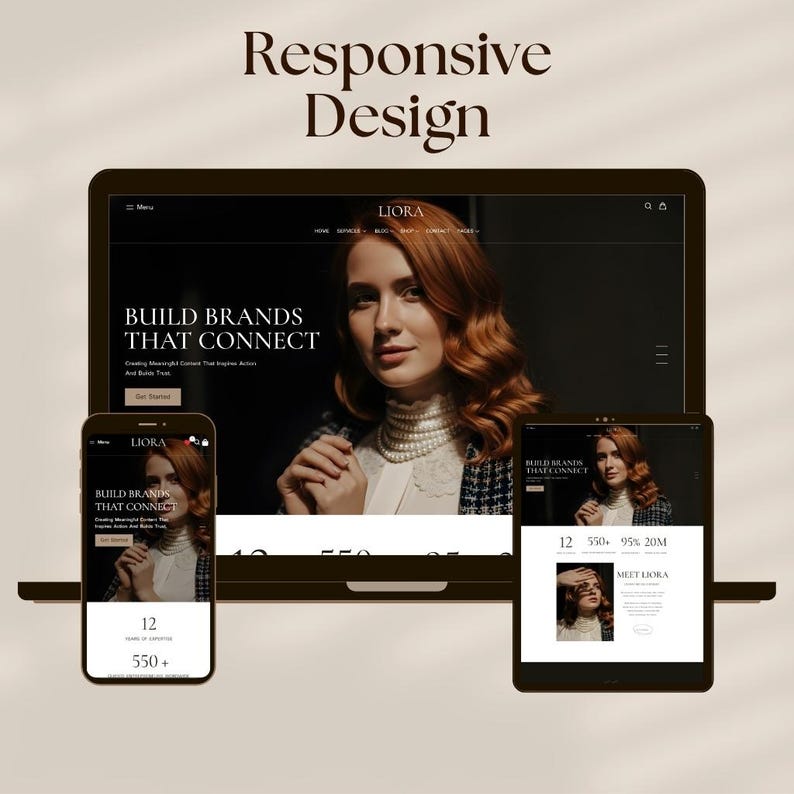 Puede incluir: Una imagen conceptual de marketing digital que muestra una computadora port&aacute;til, un tel&eacute;fono inteligente y una tableta que muestran un dise&ntilde;o de sitio web. El sitio web presenta a una mujer y el texto "BUILD BRANDS THAT CONNECT" y "Responsive Design".