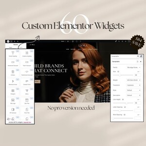Puede incluir: Una interfaz de dise&ntilde;o web que muestra 60 widgets personalizados de Elementor. La interfaz presenta a una mujer con cabello rojo, un dise&ntilde;o web en blanco y negro y el texto "IILD BRANDS THAT CONNECT". La imagen tambi&eacute;n incluye el texto "Custom Elementor Widgets".