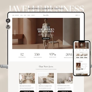 Puede incluir: Una plantilla de diseño web que se muestra en una computadora portátil y un teléfono inteligente. El sitio web presenta un diseño moderno y limpio con una paleta de colores neutros. El texto en la pantalla incluye "Built for Modern Businesses" y "Javelle Business".