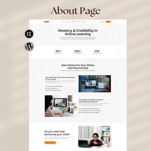May include: A website screenshot with the text "About Page" at the top. The page features the headline "Mastery & Credibility In Online Learning" and sections highlighting online learning benefits. The page includes the text "Best Choice For Your Online Learning Journey!"