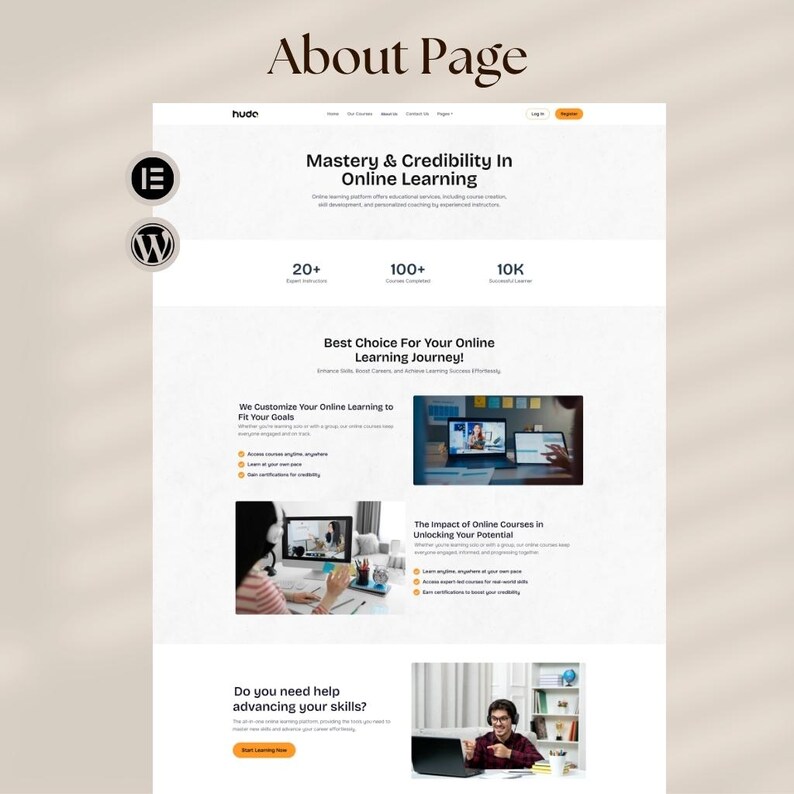 May include: A website screenshot with the text "About Page" at the top. The page features the headline "Mastery & Credibility In Online Learning" and sections highlighting online learning benefits. The page includes the text "Best Choice For Your Online Learning Journey!"