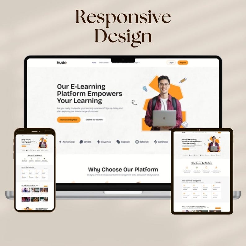 May include: A digital mockup displaying a responsive website design across a laptop, smartphone, and tablet. The website promotes an e-learning platform with the text "Our E-Learning Platform Empowers Your Learning". The design is clean and modern.