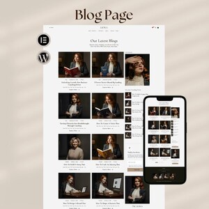 Puede incluir: Maqueta de sitio web titulada "Blog Page" con el texto "LIORA" en la parte superior. El dise&ntilde;o presenta publicaciones de blog con im&aacute;genes y t&iacute;tulos, mostradas en un ordenador de sobremesa y un smartphone. El dise&ntilde;o es limpio y moderno.