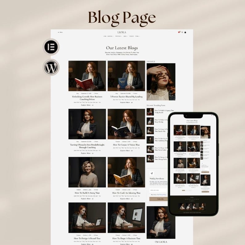 Puede incluir: Maqueta de sitio web titulada "Blog Page" con el texto "LIORA" en la parte superior. El dise&ntilde;o presenta publicaciones de blog con im&aacute;genes y t&iacute;tulos, mostradas en un ordenador de sobremesa y un smartphone. El dise&ntilde;o es limpio y moderno.