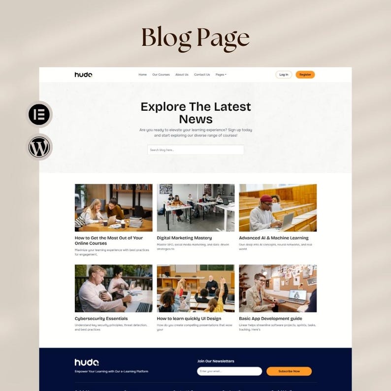 May include: A website mockup with the text "Blog Page" at the top. The page features the headline "Explore The Latest News" and several course thumbnails. The website's logo is visible, along with the text "How to Get the Most Out of Your Online Courses."