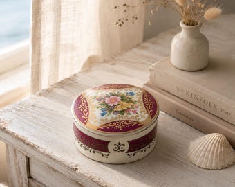 Caixa de música vintage San Francisco Music Box Co. em porcelana floral