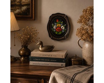 Vintage Hand Painted Black Floral Serving Tray Decorative Wall Art Unique Gift