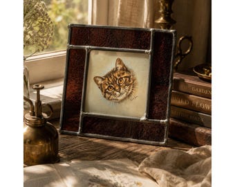 Derick Brown Signed Cat Tile Stained Glass Sun Catcher Tabby Portrait Cat Lover