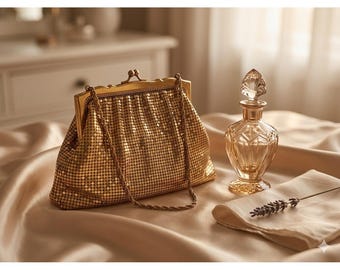 Bolsa de festa vintage Whiting & Davis em malha dourada, fabricada nos EUA, com alça de corrente.