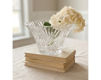 Tigela de cristal lapidado vintage, vaso de vidro lapidado em leque, peça central decorativa de cristal pesado.