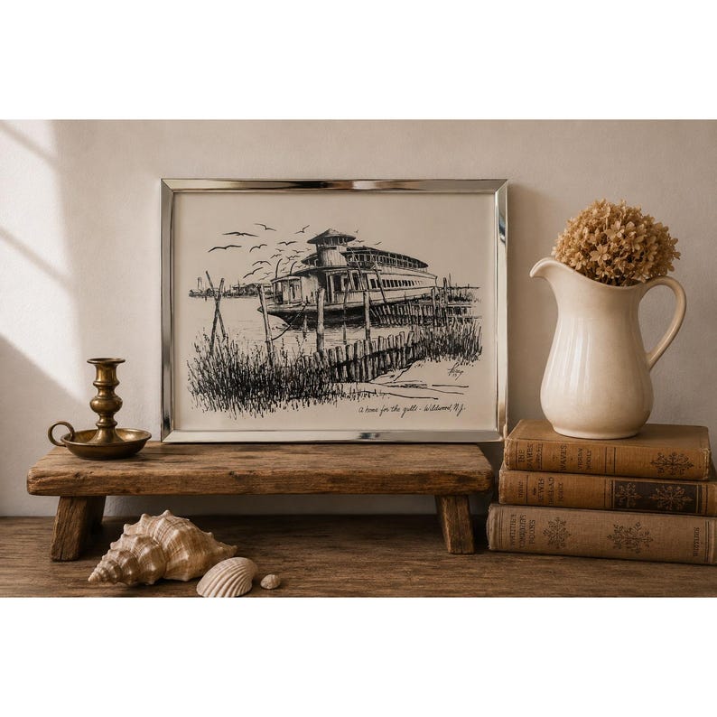 Vtg Wildwood NJ Coastal Print Framed Beach House Wall Art Jersey Shore Decor image 1