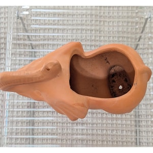 May include: A terracotta-colored ceramic planter shaped like a fish. The planter has a large opening for planting and a small hole in the bottom for drainage. The fish-shaped planter is a unique and decorative item.