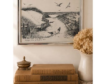 Vtg Jersey Shore Coastal Print Framed Beach Dunes Wall Art Black White Seaside