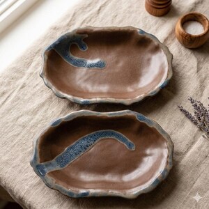 Studio Pottery DM Signed Brown Blue Drip Glaze Scalloped Oval Trays Set of 2
