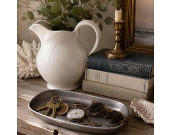 Bandeja retangular vintage em estanho, estilo toucador, cor cinza prateado, decoração para casa, EUA.