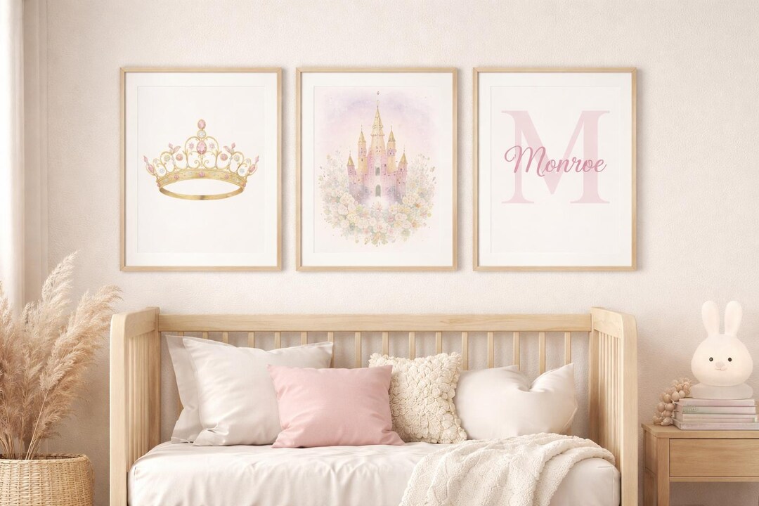 Princess Wall Art Set of 3 – Crown, Castle & Personalized Monogram Name ...