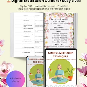 Mindful Meditation Techniques, Busy Moms Stress Relief, Student Relaxation Guide, Meditation Tips, Self Care Gift, Canva Editable,