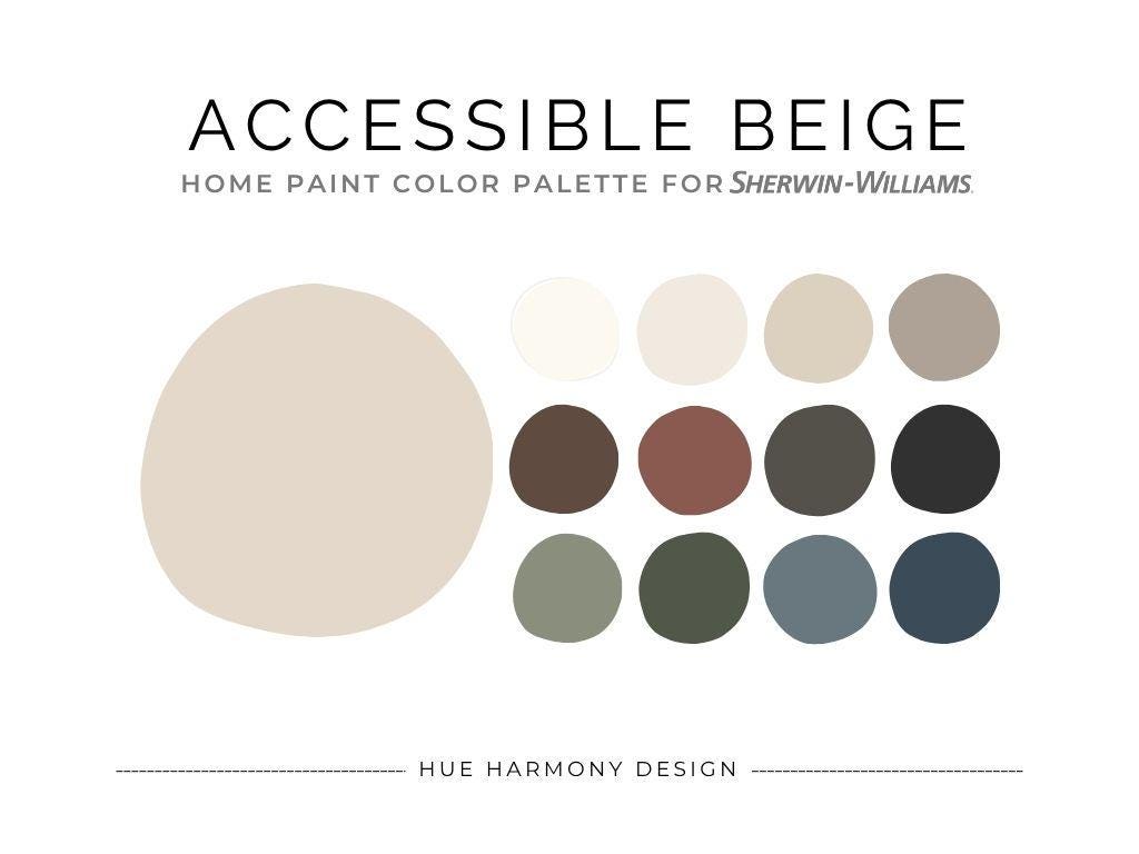 Palette di colori per vernici per tutta la casa beige Sherwin Williams accessibile. Combinazione di colori per vernici coordinati beige, colori caldi e neutri per vernici per la casa 2025.