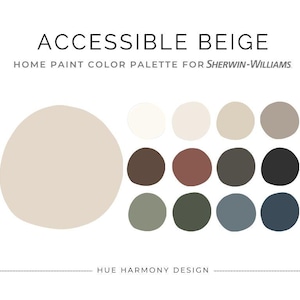May include: A home paint color palette labeled "ACCESSIBLE BEIGE" with a large beige oval and a series of color swatches. The palette includes shades of white, beige, brown, red, green, and blue. The text "HUE HARMONY DESIGN" is at the bottom.