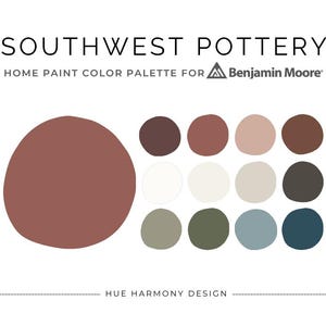 May include: A home paint color palette for Benjamin Moore, featuring a large, reddish-brown shape and a collection of smaller, circular color swatches in various earth tones, including brown, beige, and green. The text "Southwest Pottery" is at the top.
