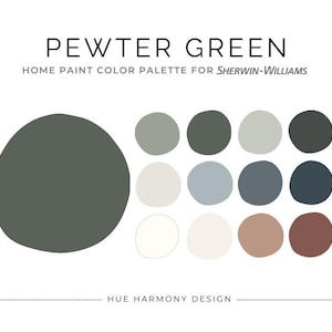 May include: A color palette titled "Pewter Green" for home paint, featuring a large oval of the primary color and smaller circles of coordinating shades. The palette includes various greens, blues, and neutral tones, with the text "Hue Harmony Design" at the bottom.