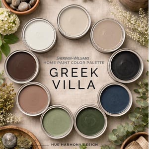May include: A Sherwin-Williams home paint color palette, "Greek Villa," featuring nine paint colors in open metal paint cans. The colors range from white and beige to dark brown and navy blue. The image includes text that reads "HUE HARMONY DESIGN."