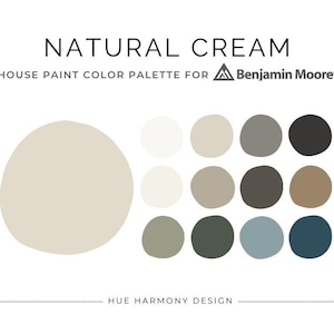Puede incluir: Paleta de colores de pintura para el hogar de Benjamin Moore, con el color "Natural Cream". La imagen muestra una gran mancha de color crema y una serie de pequeñas muestras de color circulares en varios tonos neutros y apagados, incluyendo blanco, gris y tonos oscuros.