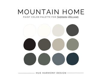 Schema di colori per la pittura di una casa di montagna moderna, Sherwin Williams Paint, tavolozza di colori per la pittura di tutta la casa, tavolozza di colori per la pittura di case di montagna, vernice neutra