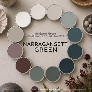 May include: A circular arrangement of paint color samples in various shades of green, beige, and gray. The text "Narragansett Green" is displayed prominently, with the Benjamin Moore logo above. The image is a home paint color palette.
