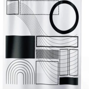 May include: White shower curtain with a black geometric design. The design includes a large black circle, rectangles, squares, and curved lines. The curtain hangs from a metal rod with silver hooks.