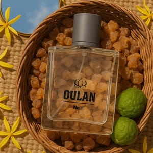 May include: A clear rectangular perfume bottle with a grey cap, labelled "OULAN No.1", sits in a woven basket filled with amber-coloured granules. Two green limes and yellow flowers surround the basket, with a small mirror reflecting a blue sky.