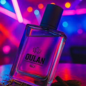 May include: A rectangular perfume bottle with a black lid, filled with a purple liquid. The bottle is labelled "Oulan" and "No.7". The background is a blur of neon lights in a club setting.