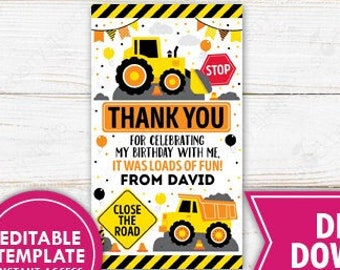 Construction Birthday Party Favor Tag Digger Excavator Dump Truck Birthday Dumper Construction Site Thank You Tag Instant Download Editable